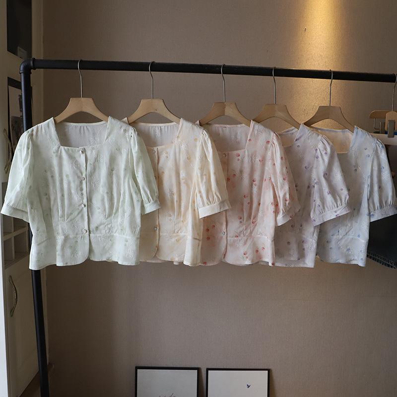 Летний топ 2025 года с квадратным вырезом и цветочным принтом из шифона с рукавами-буфами для женщин