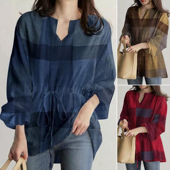 V-образный вырез с рюшами Манжеты на талии Шнуровка в клетку с принтом Повседневная блузка Простой повседневный стиль