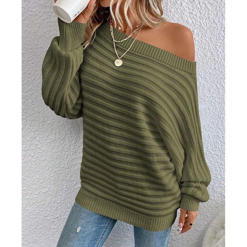Women S Autumn Winter Solid Color Off Shoulder Batwing Sleeve Loose Knit Sweater