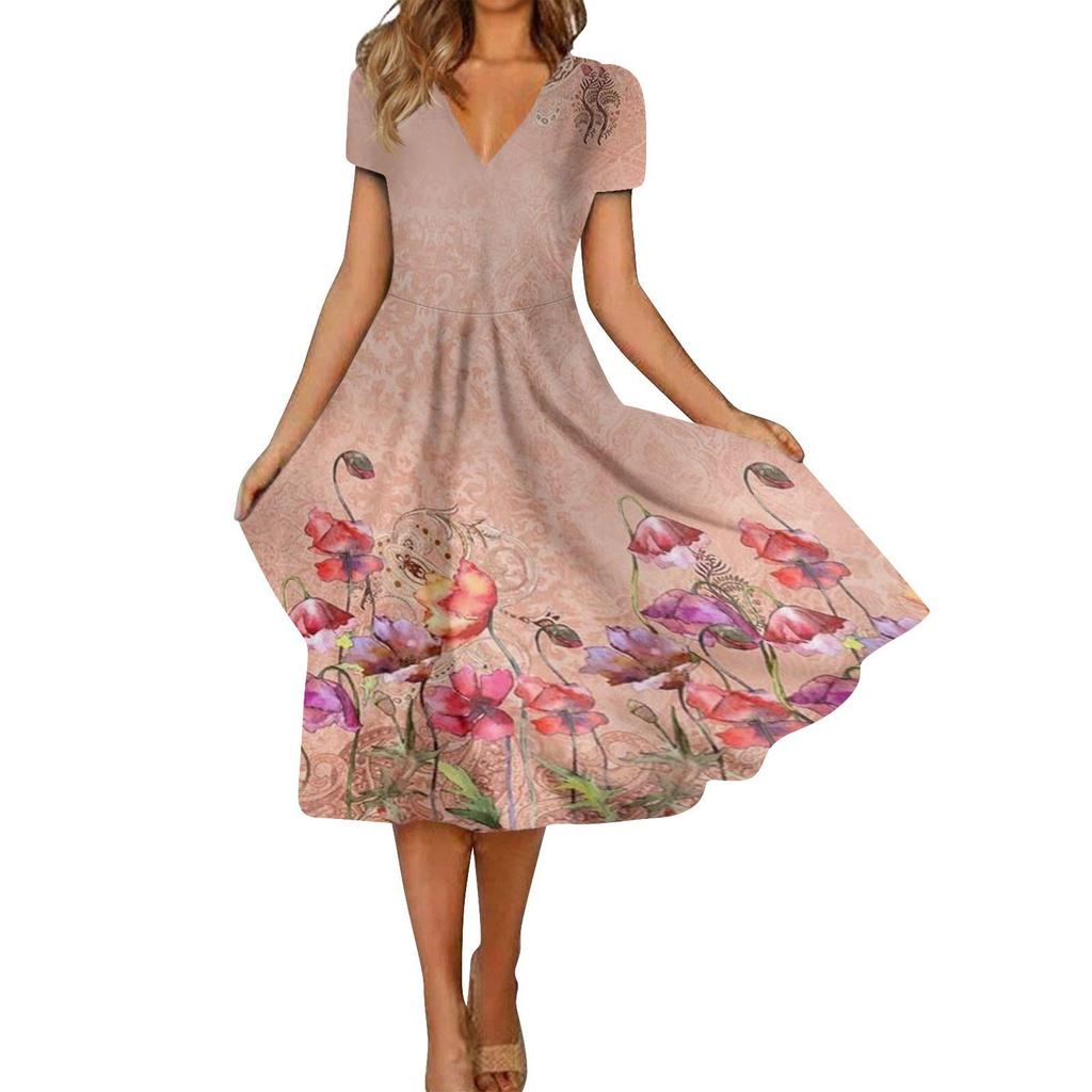 Women's Summer Casual Fashion Retro Print Short Sleeve V-Neck Swing Dress