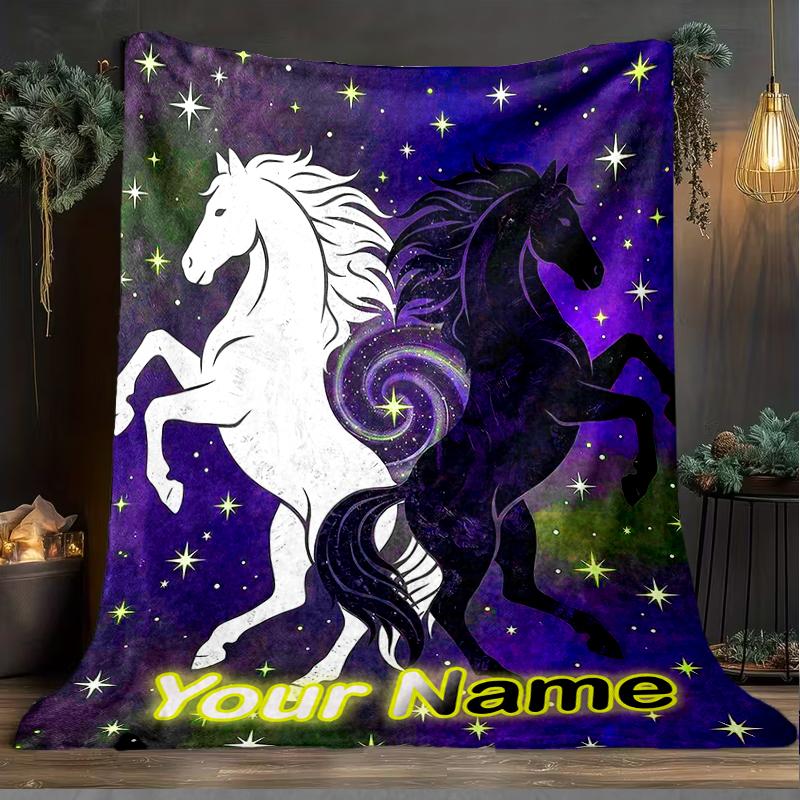1PC Custom Name Equestrian Dreams Stars flannel blanket versatile,all-season throw suitable for the living room,bedroom,camping,travel,and gift