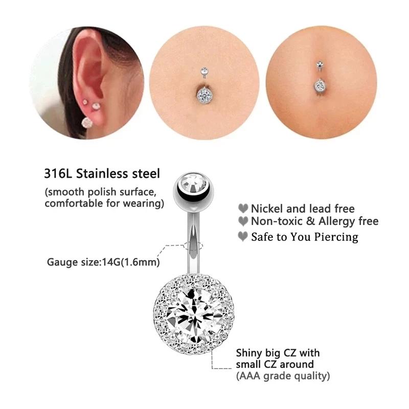 14G Кольца для пупка Нержавеющая сталь Кольца для пупка Жемчуг CZ Пирсинг Ювелирные изделия Штанга