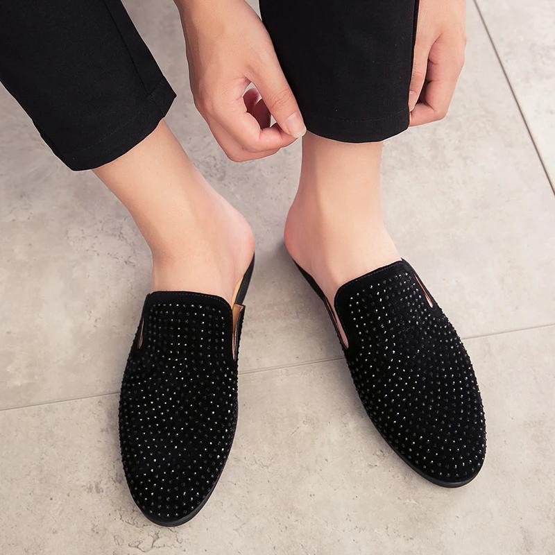 Luxury Glitter Rhinestone Leather Shoes Men Designer Outerwear Mules Casual Slides Slippers Sandals Male Fashion Shoes for Men