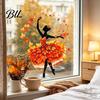Maple Leaf Window Decorations Ballet Girl Static Glass Sticker, Autumn Thanksgiving Theme Film, Removable Fall Decorative Film PVC Decal for