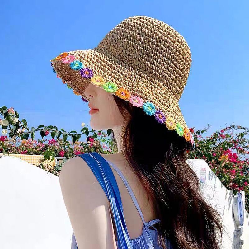 Floral Pattern Wide Brim Straw Hat With Adjustable Fit For Summer Outdoor Wear