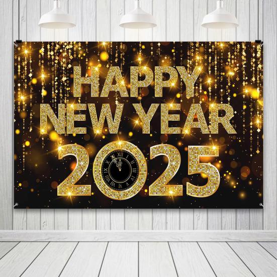 2025 С Новым годом Фон Блестящий Новогодний Подвесной Баннер Черный И Золотой Фото Фон для Домашнего Офиса Вечеринка Декор