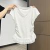Футболка с короткими рукавами из французского кружева и кружевным подолом белого цвета для женщин, летний дизайн, топ с нишевой талией