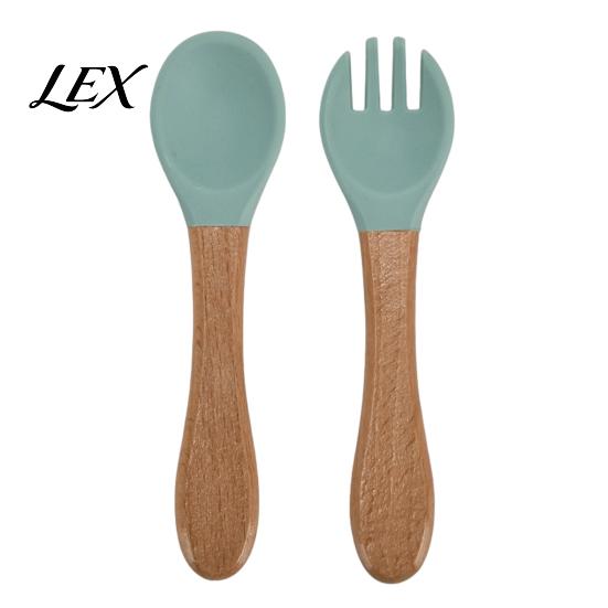 Beech Wood Handle Utensils Baby Led Weaning Spoon And Fork Set, Soft Silicone Toddler Self Feeding Tableware with Wooden Handles, Self-Feeding
