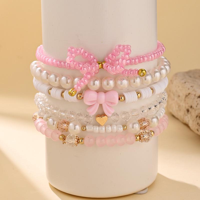 Sweet Pink Heart Bow Pearl Bracelet Set for Women