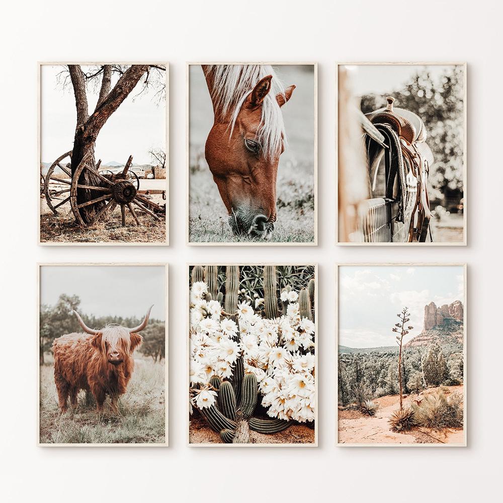 Boho Rustic Western Southwest Prints Farmhouse Highland Cow Horse Poster Canvas Printing Wall Art Picture Living Room Home Decor