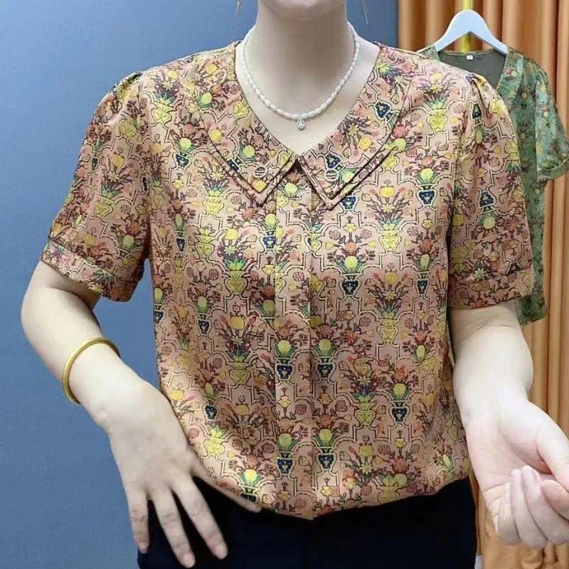 Модная двухслойная рубашка с воротником Питер Пэн на пуговицах, женская повседневная свободная винтажная с принтом, летняя с коротким рукавом