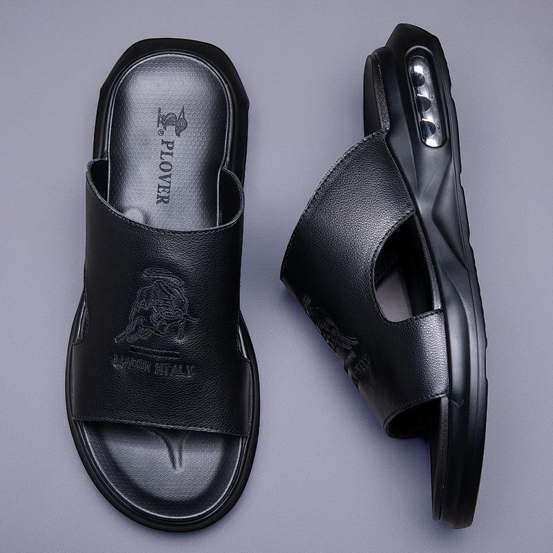 2025 Summer Shoes for Men Genuine Leather Slipper Embroider Casual Sandals Comfortable Slides Air Cushion Beach Shoes