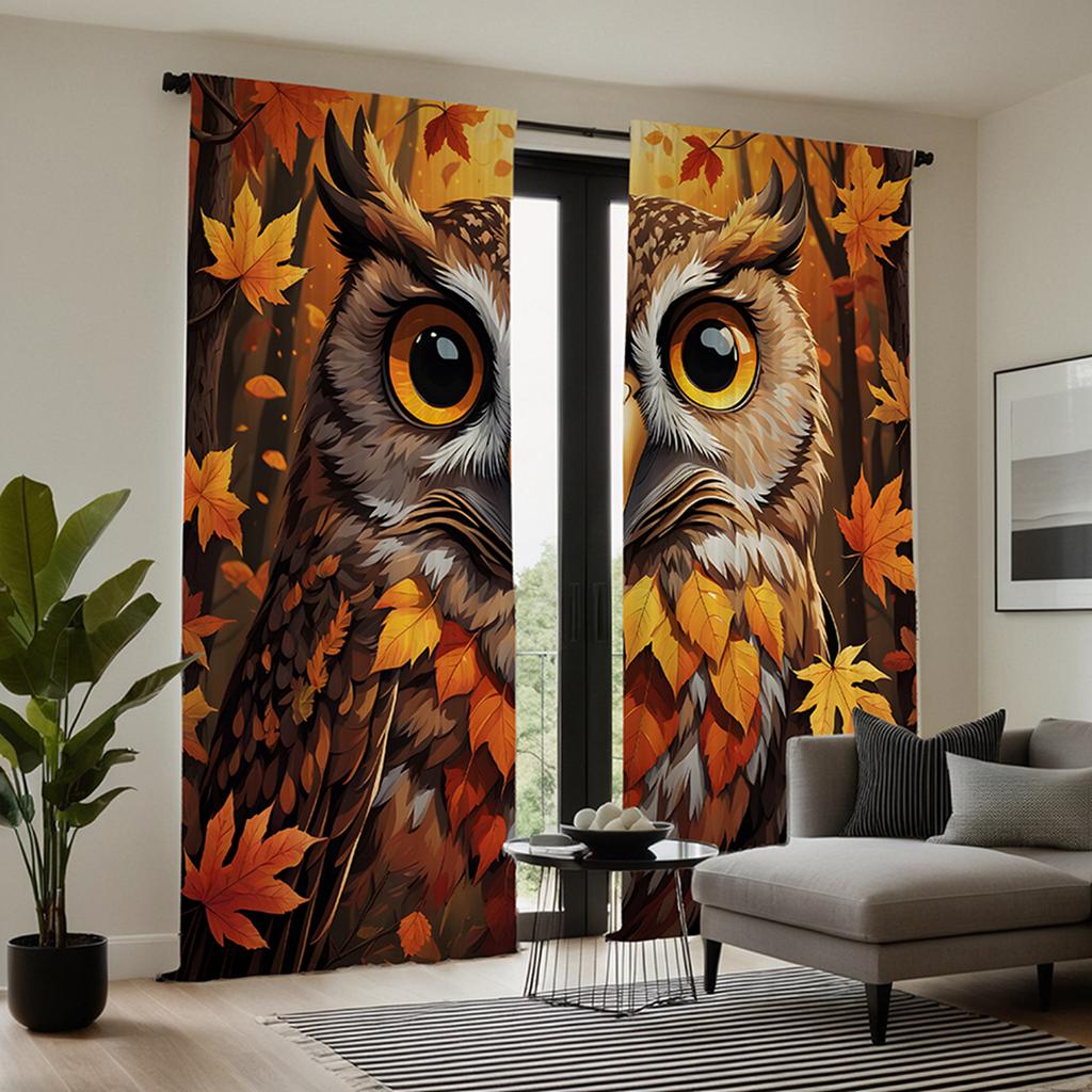 2pcs Set HD Maple Owl Decorative Curtain Yellow Tie Digital Printed Curtain Home Decoration Style Decoration Living Room Bedr
