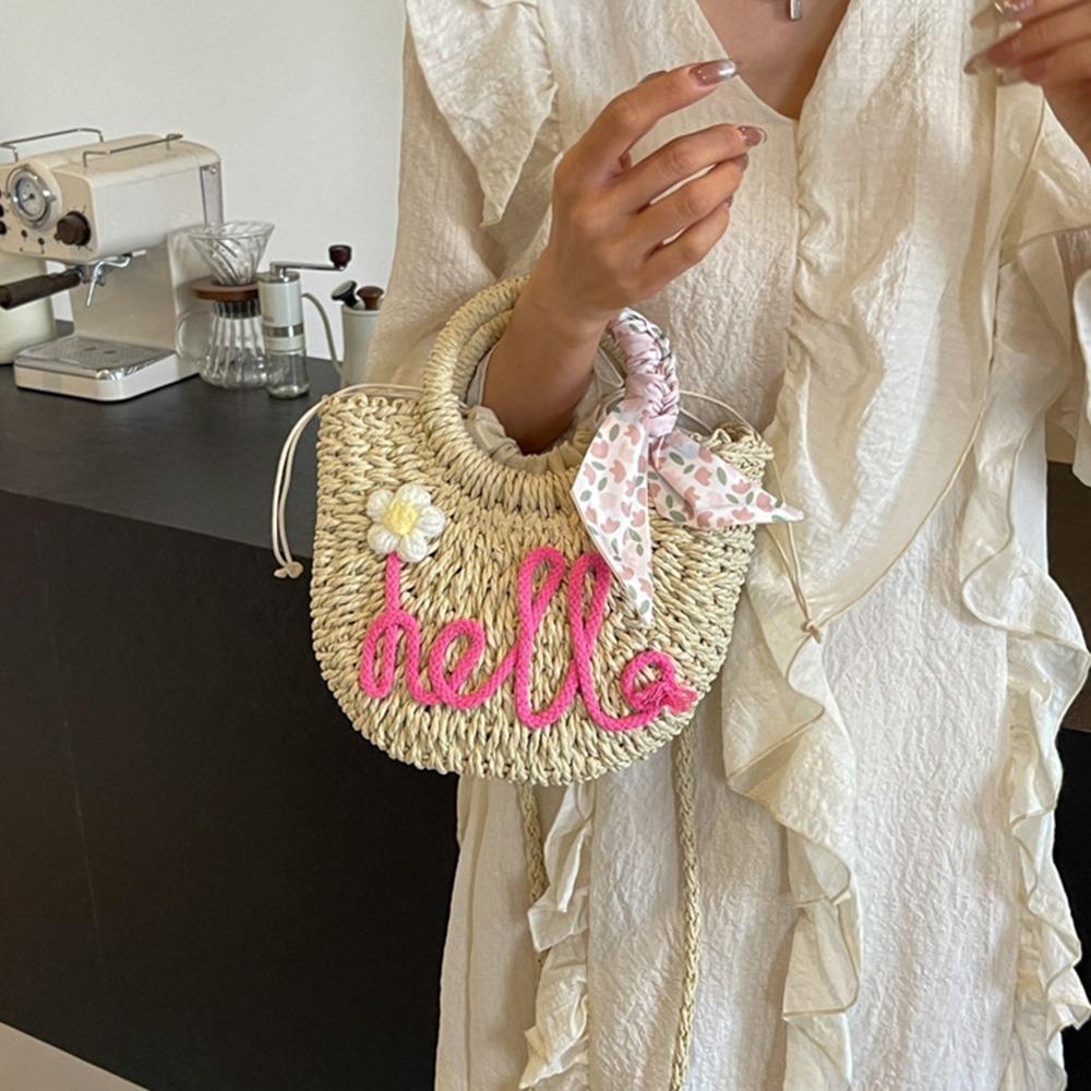 Moon Shaped Beach Straw Bag Flower Knitted Shoulder Bag Handmade Woven Underarm Bag Shopping