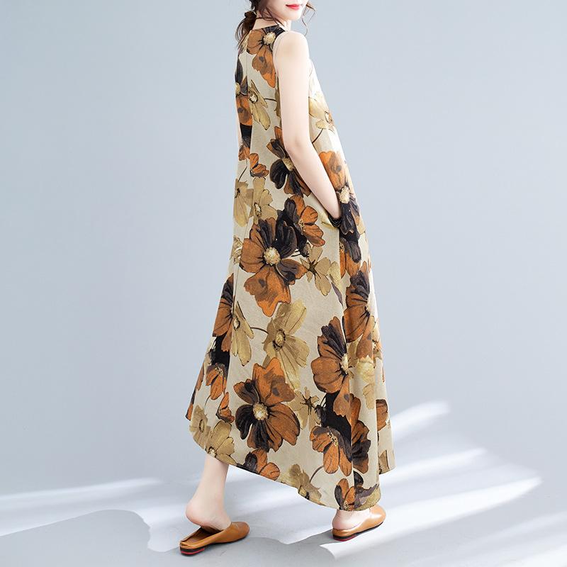 Летнее свободное хлопковое льняное платье с круглым вырезом без рукавов для женщин, повседневные платья средней и длинной длины