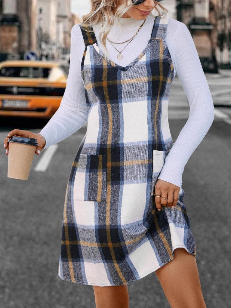 Европейское и американское женское платье-комбинезон в клетку с V-образным вырезом и карманами - Модная одежда для весны и осени