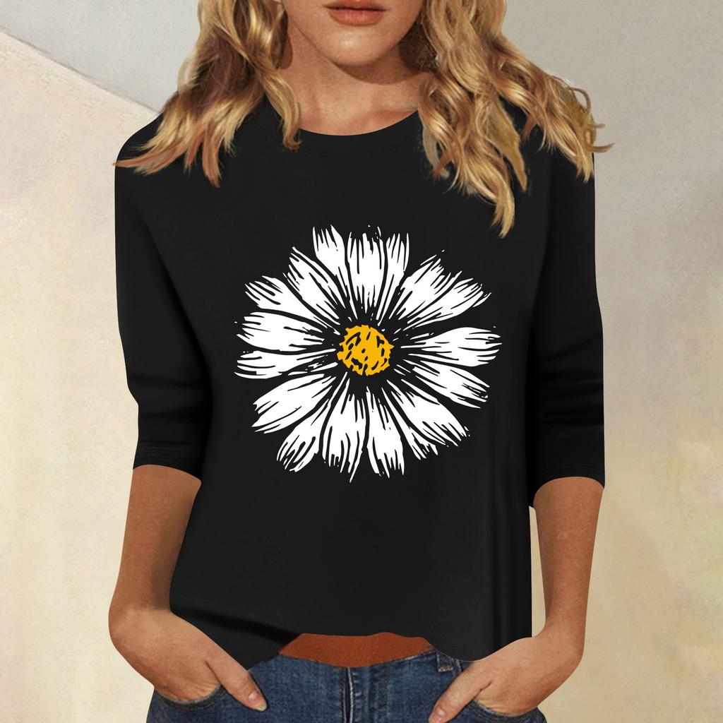 Женская мода повседневный принтованный топ с семью рукавами и круглым вырезом