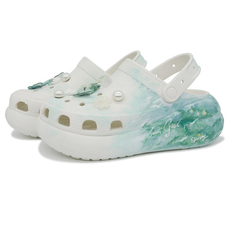 Crocs Crush Clog Nine Bureau Manufacturing Anne Forest Decorative Buckle Comfort Beach Hole Shoes Unisex Same Green and White