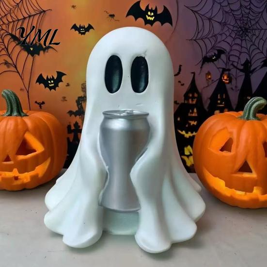 Compact Ghost Statues Halloween Figurine with Drinks, Resin Statue, Cute Spooky Desktop Holiday Accents Ornament for Party Tabletop Decorations
