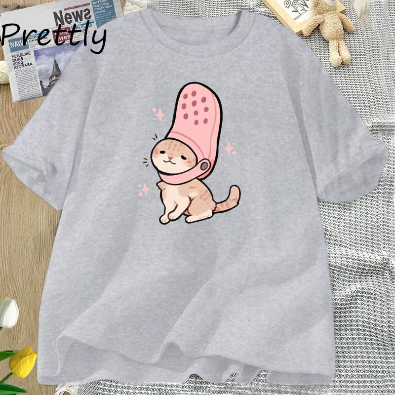 Jibbitz Cat Funny Graphic T Shirts Cute Cat Tshirt Unisex Casual Short Sleeve Round Neck Tee Unisex Cotton T Shirt Woman Clothing