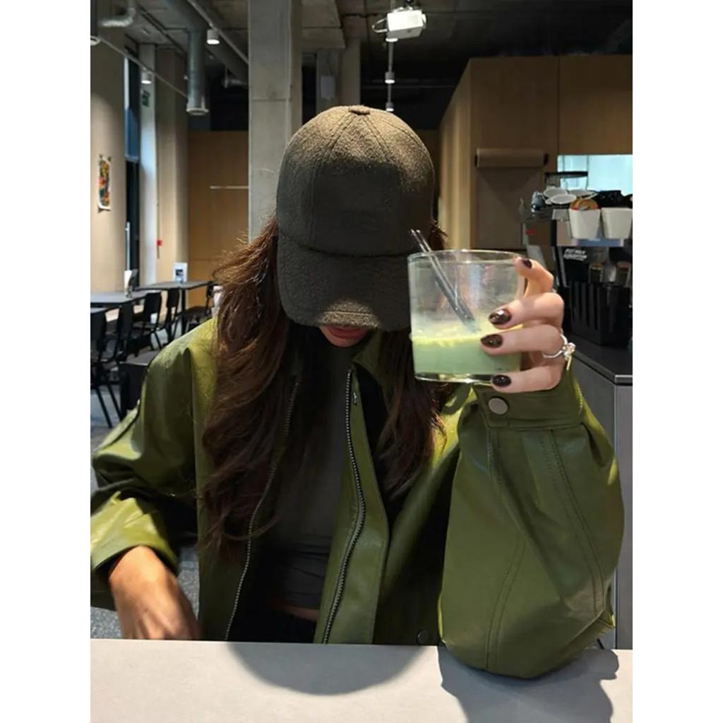 Оливково-зеленая кожаная куртка, пальто, силуэт, винтажный, уличный тренд, молния, лацкан, короткое пальто, свободный повседневный топ, верхняя одежда, осень