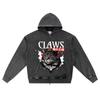 DTG Print Knitted Denim Zip-Up Hoodie Claws Cat Brother Print Zipper Hoodies