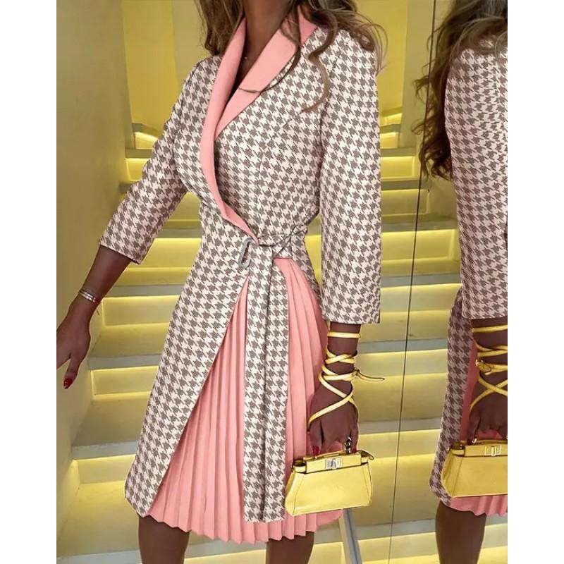 Womens V-Neck Fashion Tie Waist Mid-Sleeve Pleated Dress
