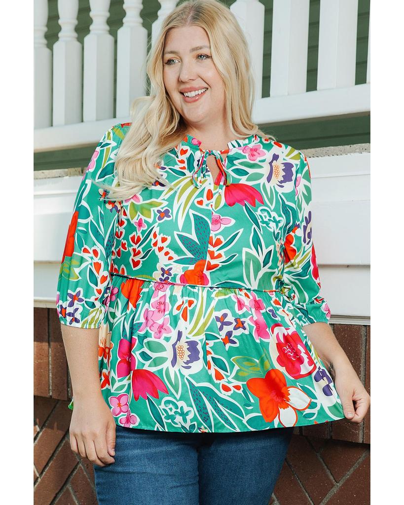 Azura Exchange Блузка с цветочным принтом и разрезом на шее, многоцветная, размер плюс
