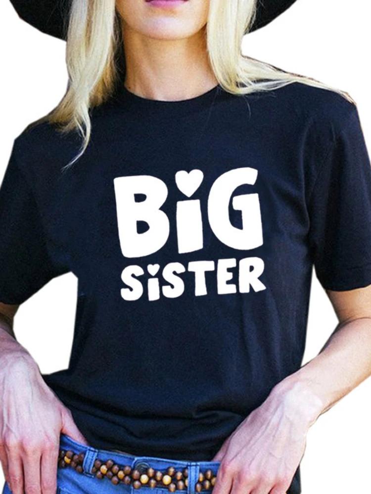 Футболка с принтом Big Sister Letter, женская, с коротким рукавом, с круглым вырезом, свободная, женская, летняя, женская, футболка, топы, Camisetas Mujer