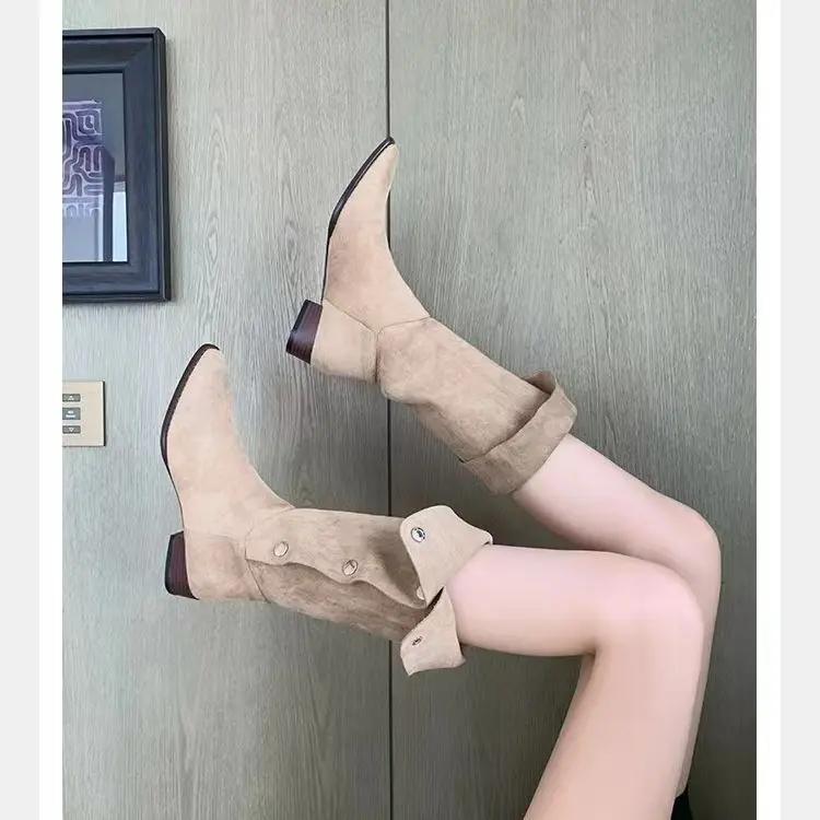 Модные женские ботинки Осень и Зима Новые Остроносые Средней Длины Западные Ботинки Ковбоя Женские Лацкан Плиссированные Наборки Ботинок Женская Обувь Дамы