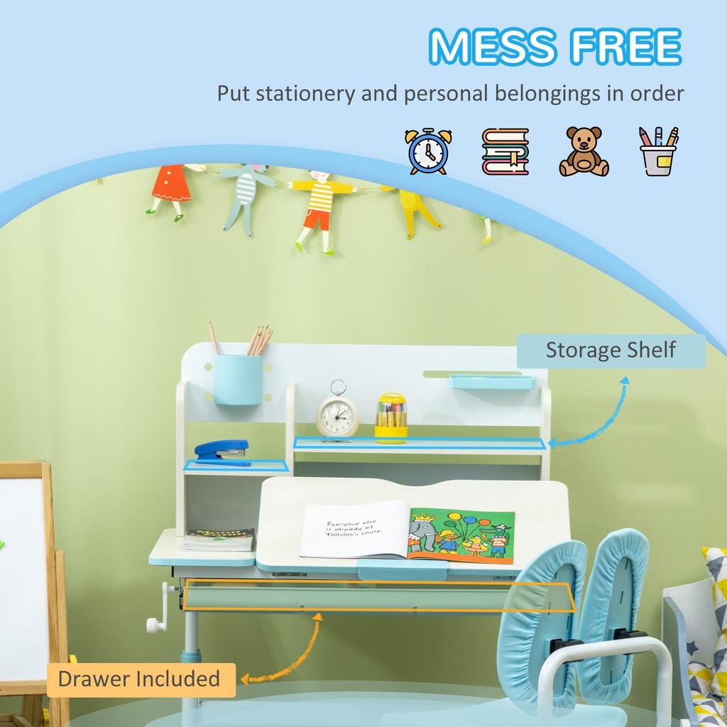 Kids Desk And Chair Set With Storage Shelves Washable Cover For Ages 3 12 Years Blue