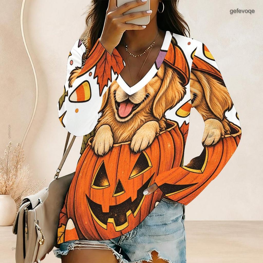 Women Plus Size V Neck Long Sleeve Curved Hem Halloween Raccoon Pumpkin Printed Top