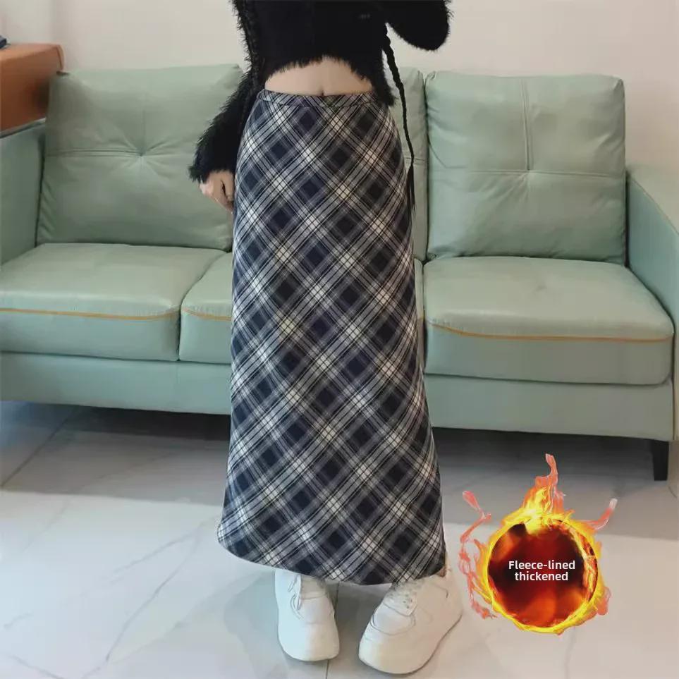 Синяя клетчатая бархатная юбка с высокой талией и тонкими краями для женщин - миниатюрная, с разрезом, осень/зима 2024 г.