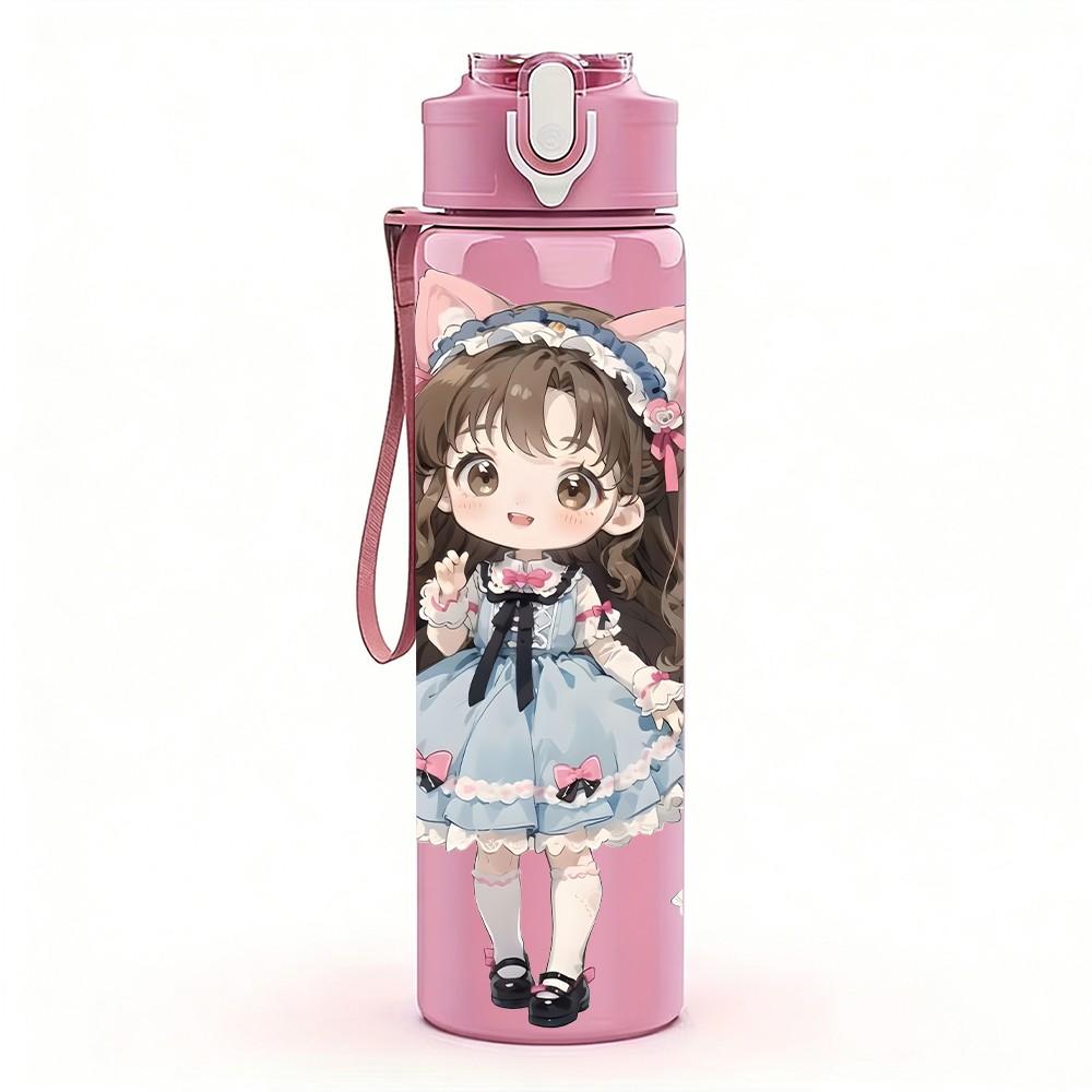 1PC Big Bow Hair Girl Soft Tone Pattern 750ml Color Plastic Sports Water Bottle Leakproof Flip Straw Lid Suitable for Sports Office Home Use