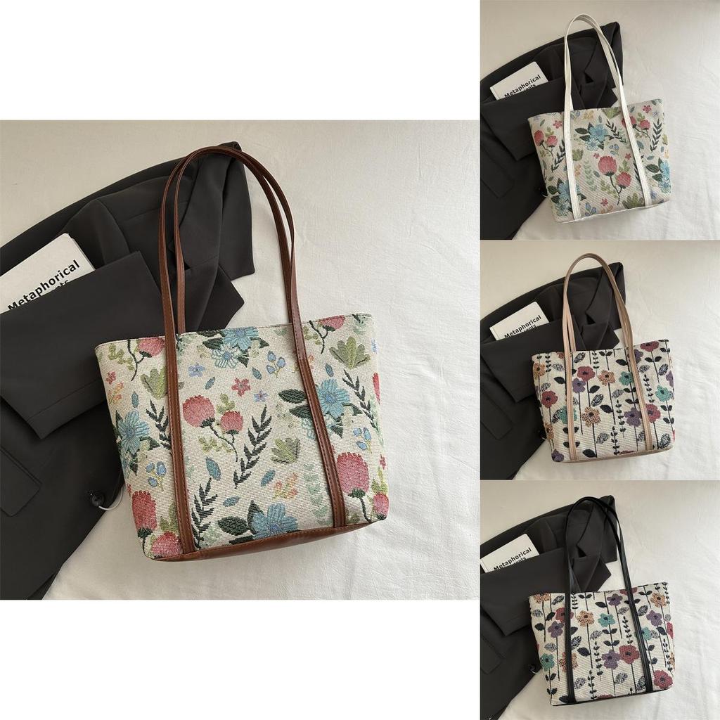 Leaves Flower Print Vintage Large Bag With Zipper Closure For Daily Use Women Fashion