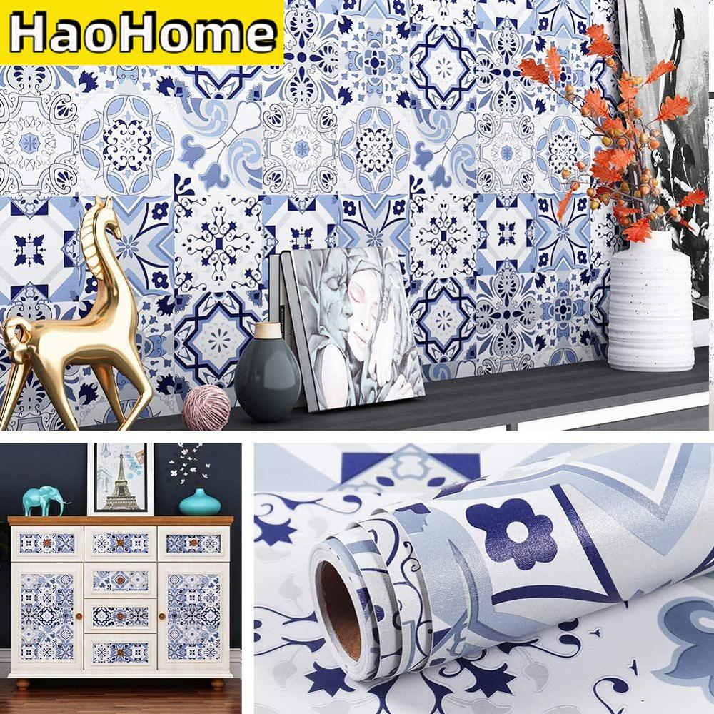 HaoHome Самоклеящаяся контактная бумага Фартук Обои Плитка Марокканская Водонепроницаемая Съемная Голубая Плитка Обои