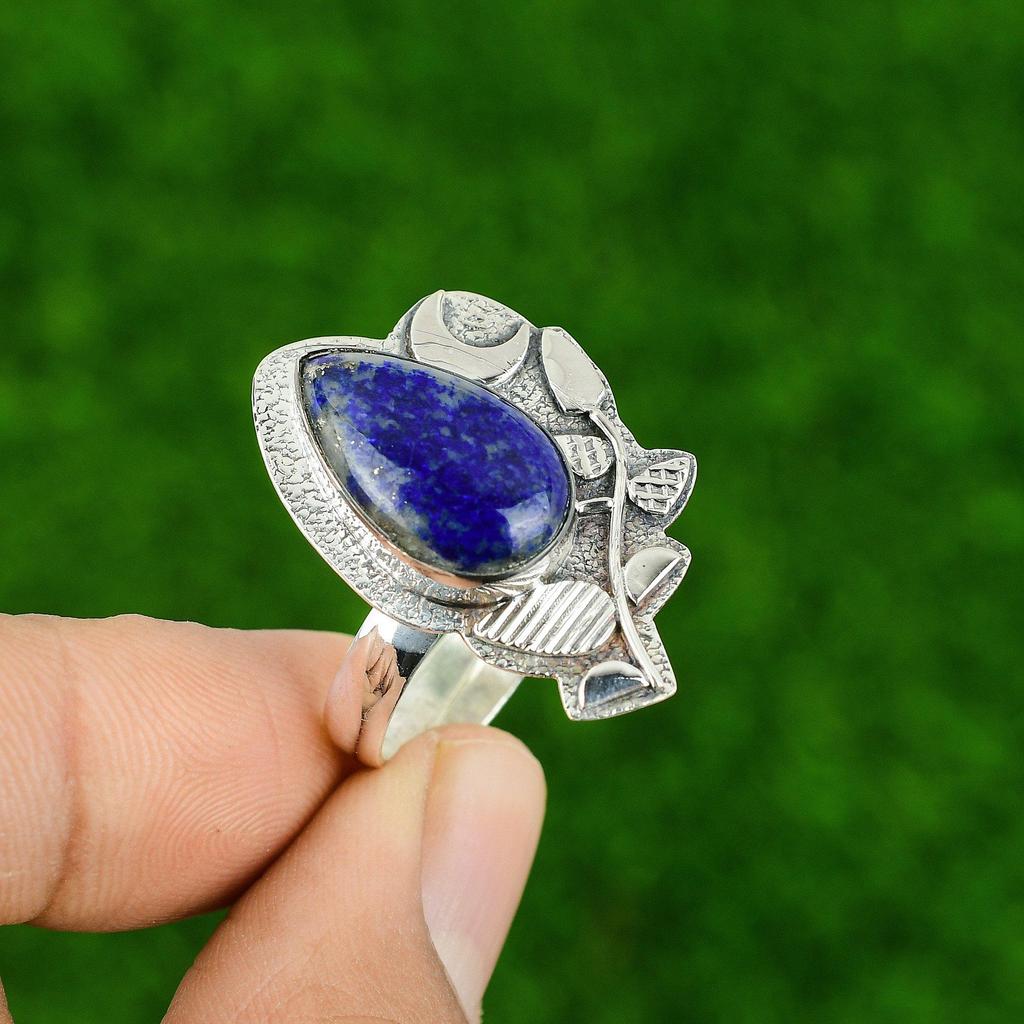 Pear Lapis Lazuli Gemstone Bezel Boho Promise Cescent Moon Ring Sterling Silver