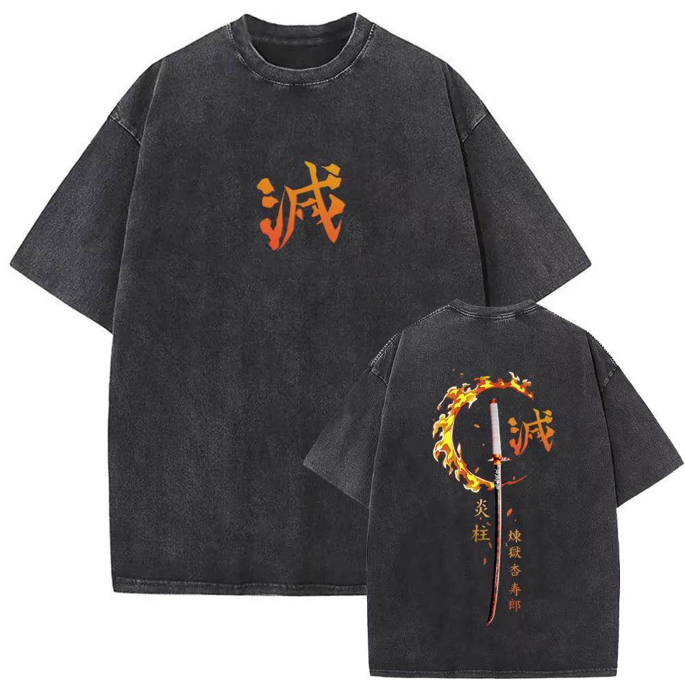 Summer New Vintage Wash Demon Slayer Anime Graphic T Shirt Nezuko Print Men Women Cotton Short Sleeve Streetwear Casual Tops