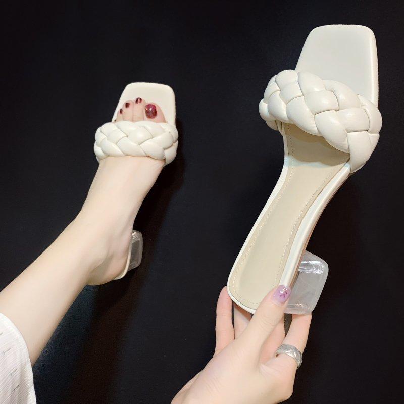 Модные прозрачные туфли на высоком каблуке, сексуальные женские тапочки, новые летние туфли, квадратный каблук, плетение, квадратный носок, женские кожаные туфли