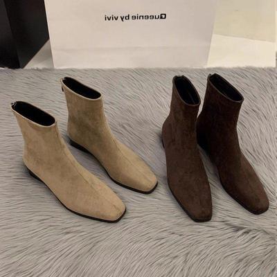 Женские ретро замшевые ботильоны на массивном каблуке в корейском стиле - матовые, короткие, с квадратным носком для осени/зимы