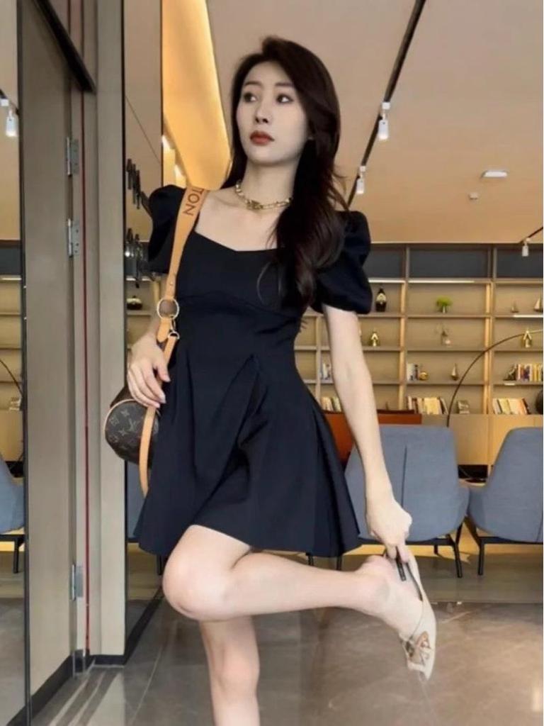 Летнее платье с квадратным вырезом, пышными рукавами и драпировкой, стройнящее фигуру, для женщин