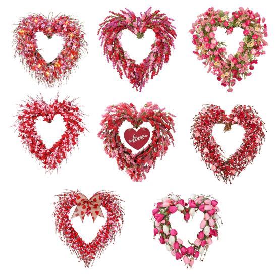 Holiday Wreath Heart Shape Indoor Outdoor Decorative Wreath with Festive Flowers Greenery Home Party Office