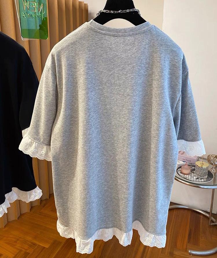 Plus Size Women Korean Style Short Sleeve T-Shirt Loose Fit Lace Splice Half Sleeve Tops Summer Cotton Crew Neck T-shirts