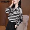 Рубашка для женщин весна/лето свободная большого размера полосатая с длинным рукавом маленькая рубашка рубашка с V-образным вырезом для женщин
