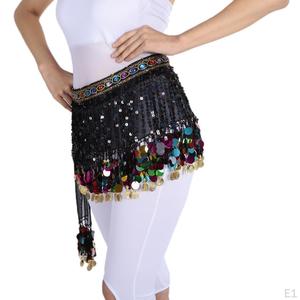 Одежда для танцев живота, короткая юбка с блестками, кисточками и бахромой, шарф, пояс, короткая юбка — черный, как описано