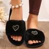 Black Fur Autumn Winter 2025 Woman Indoor Slippers Heart Shaped Soft Sole Women's Home Slippers Furry Plush Bedroom Slides Shoes