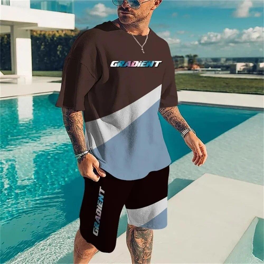 Summer New Men's Sportswear Patchwork Color Printing O-Neck T-Shirt 2-Piece Set Fashion Oversized Men's Tracksuits Casual Clothe