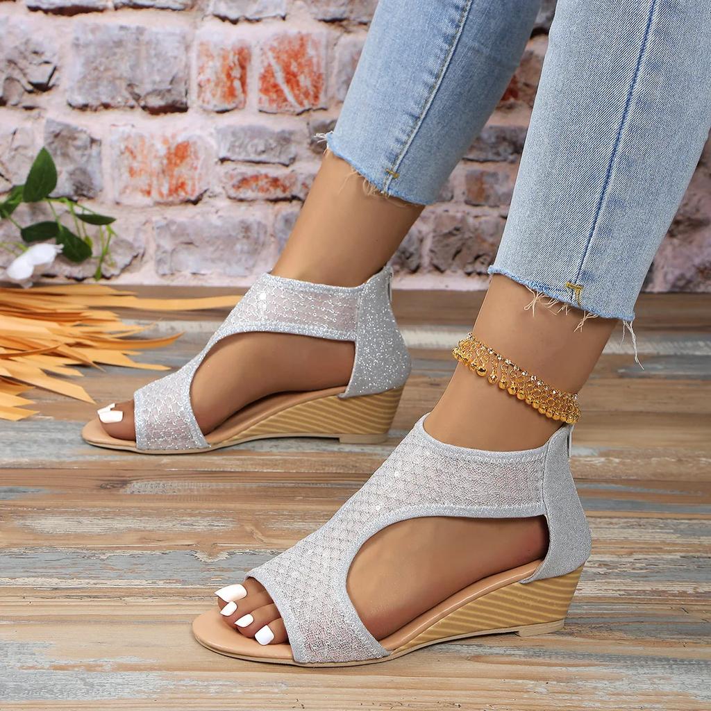 Модные летние новые сандалии на танкетке с пайетками и сеткой, женские роскошные женские босоножки с открытым носком и молнией сзади, повседневные туфли в римском стиле Zapatos De Mujer