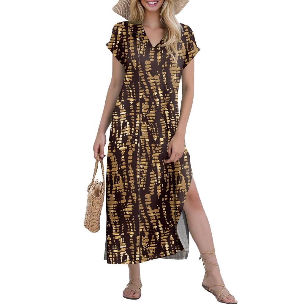 Женские повседневные удобные платья с V-образным вырезом, свободным подолом с разрезом, короткими рукавами, с цветочным принтом, длинные