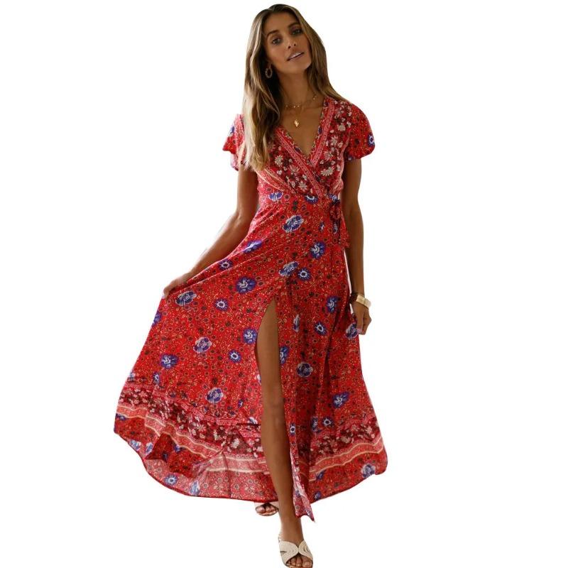 Весна Новое Богемное Цветочное Платье Женское Повседневное V-образный вырез Высокая талия Короткий рукав Платье с принтом Для женщин Модное Летнее платье